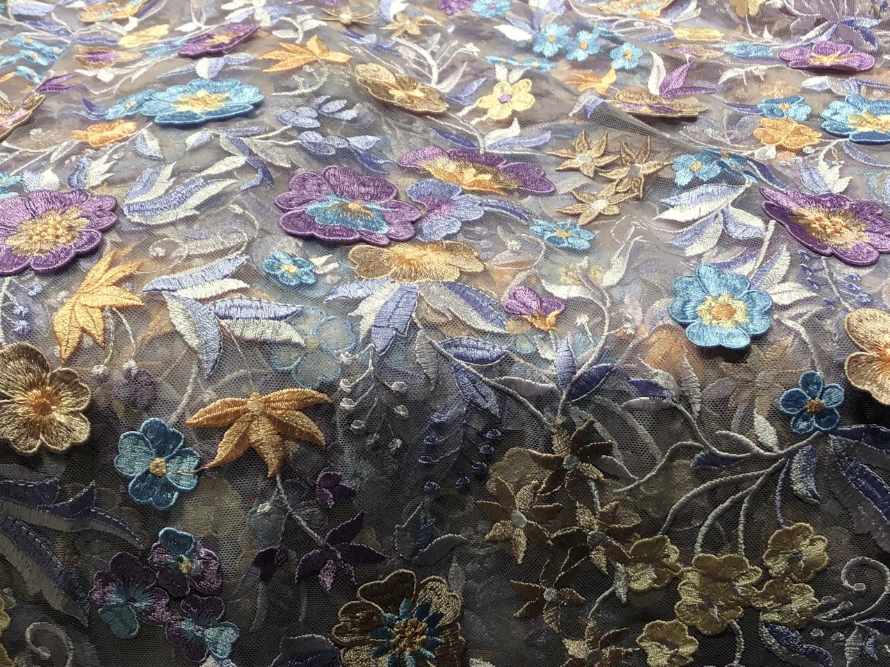 NET fabric lilac with floral embroidery with patchwork of nude pink, lilac and blue flowers 58" wide [17716]