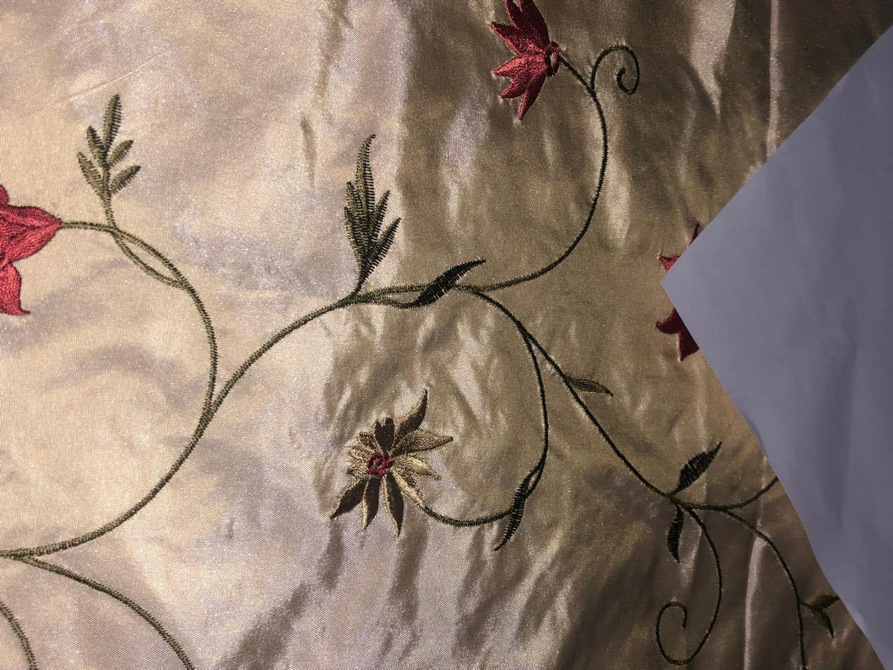 100% Silk TAFETTA EMBROIDERY 44" WIDE cream with scarlet, brown ,blue and yellow flowersTAFE22[3]