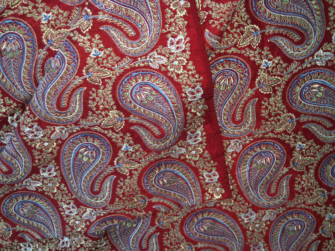 100% Silk dupioni EMBROIDERY 44" WIDE red color with blue paisley embroidery DUPE71