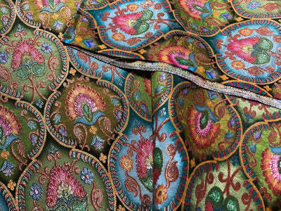 Silk Brocade Fabric beautiful jacquard  in multi colors 44""wide available in 4 color choices shades of greens/shades of blue and pink/shades of purple and pink and shades of olive and sea green   BRO967