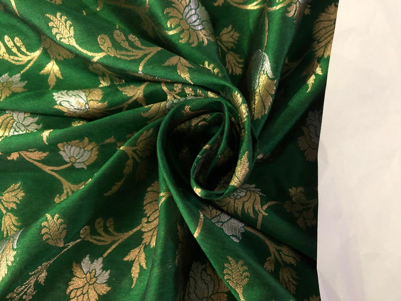 Silk Brocade fabric 44" wide   floral Jacquard with metallic gold and silver available in 2 colors green and navy   BRO937[4/5]