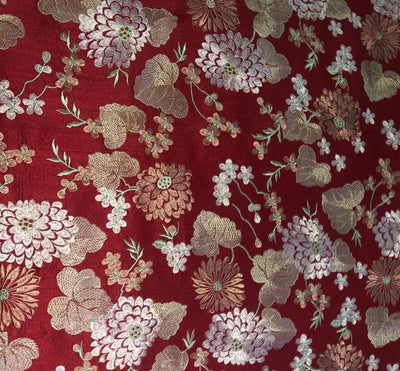 100% Silk dupioni EMBROIDERY 44" WIDE red color with pink and green floral embroidery and subtle metallic gold DUPE70