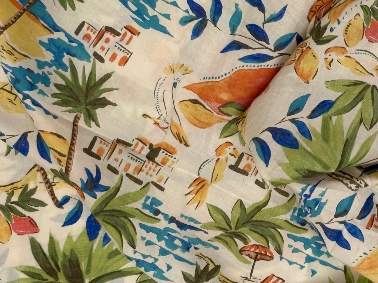 100% Cotton Poplin ivory with palm tree print 53" wide [18434]