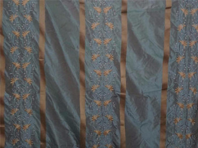 silk taffeta fabric blue x beige with gold satin stripe & embroidery 54" wide TAF#E14