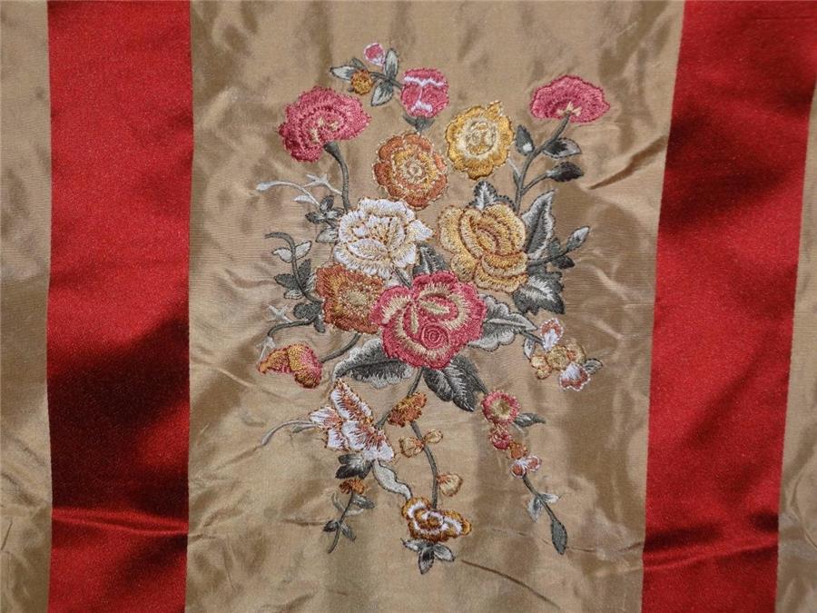 silk taffeta dark beige with red satin stripes & multi color embroidery 54" wide TAF#E12