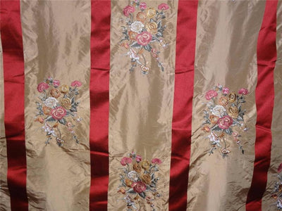 silk taffeta dark beige with red satin stripes & multi color embroidery 54" wide TAF#E12