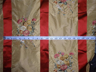 silk taffeta dark beige with red satin stripes & multi color embroidery 54" wide TAF#E12