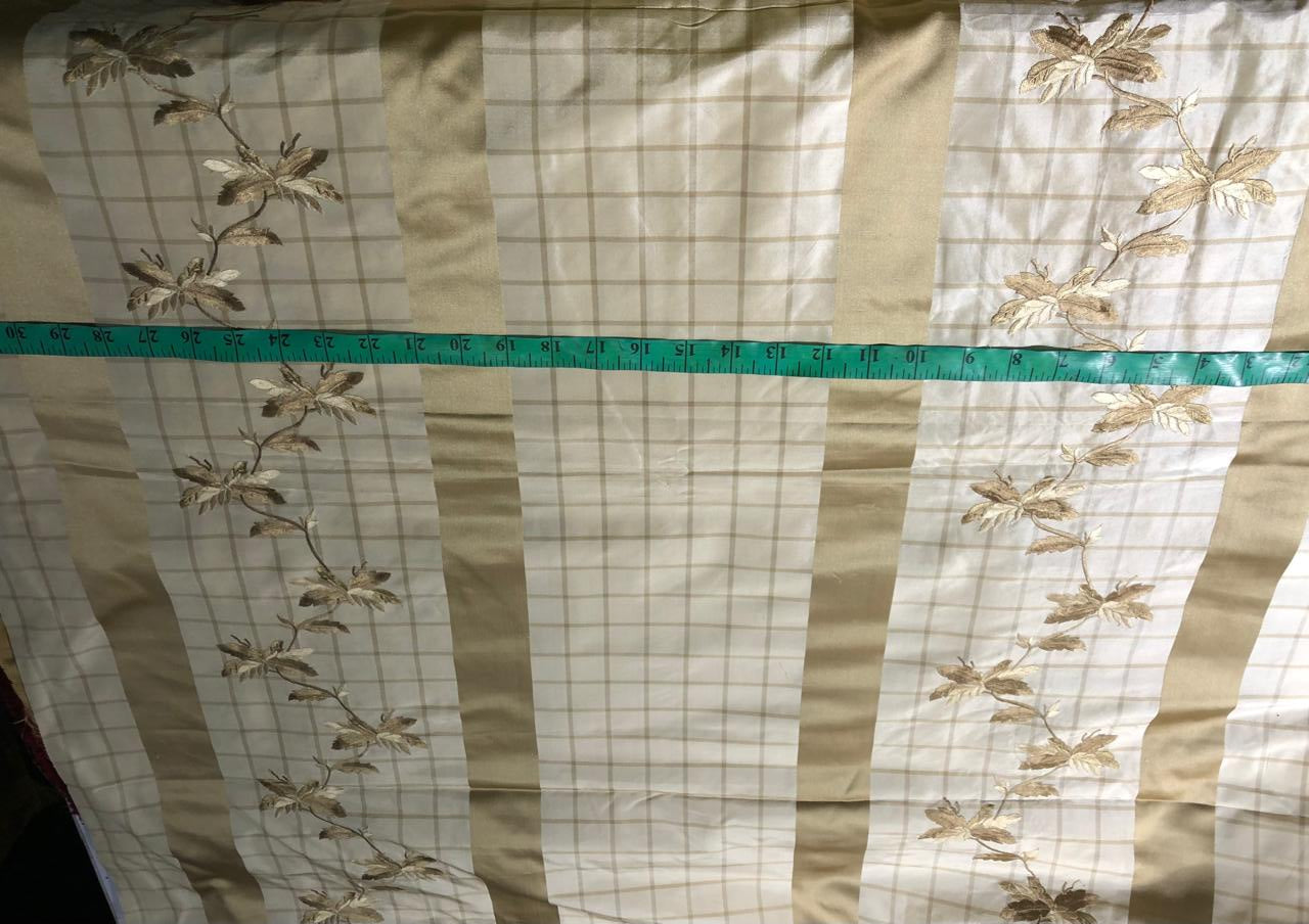 100% Silk Taffeta  Fabric  CREAM AND GOLD PLAIDS WITH GOLD EMBROIDERED  LEAVES TAFE24