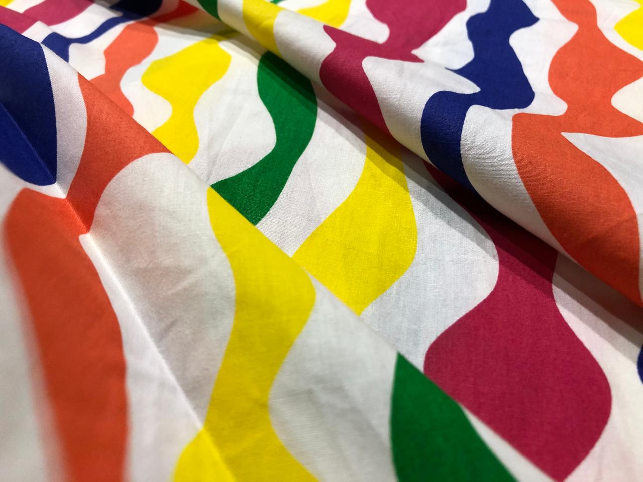 100% Cotton Poplin PRINT   58" wide RETRO BEACH available in 3 different prints pink ,orange, blue ,yellow ,green waves / black jungle with pink and blue parrots and flowers AND blue with lavender pink flowers