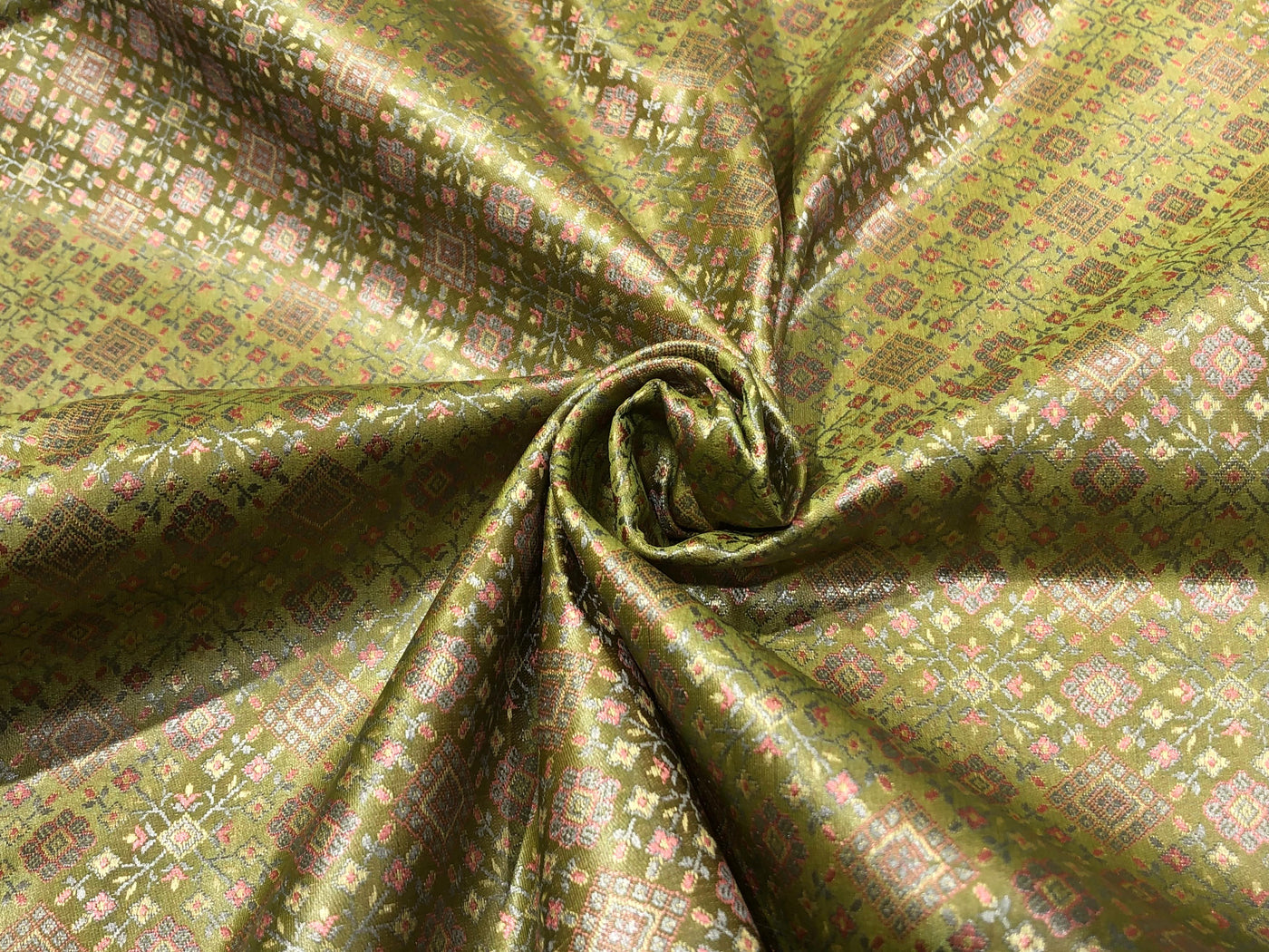 Silk Brocade fabric pastel green with pink and blue geometric diamond shape  jacquard BRO1024[3]