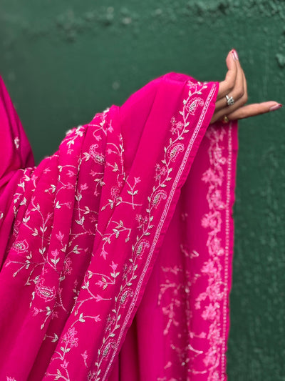 Indian beautiful silk crepe sari hot pink 6 yards with zardosi embroidery