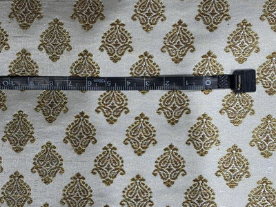 Silk Brocade fabric 44" dark ivory with antique gold jacquard motifs available in 2 designs leaf and paisley BRO1053