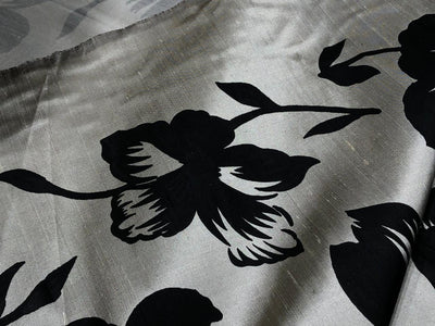 100% silk Dupion fabric brushed  gold with black floral print 54" wide DUPPRT42