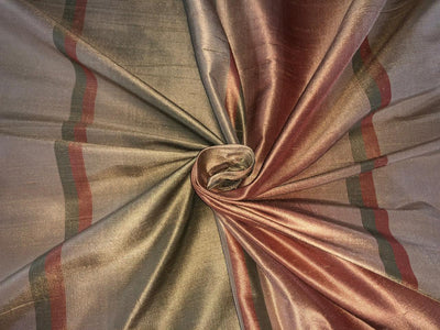 PURE SILK Dupioni FABRIC Golden Green ,salmon pink and golden olive color Stripes DUPS15[1]