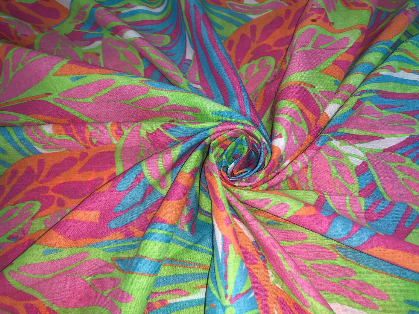 100% Cotton Poplin abstract leaves Print 44" wide in neon colors green ,pink ,orange and blue [17277]