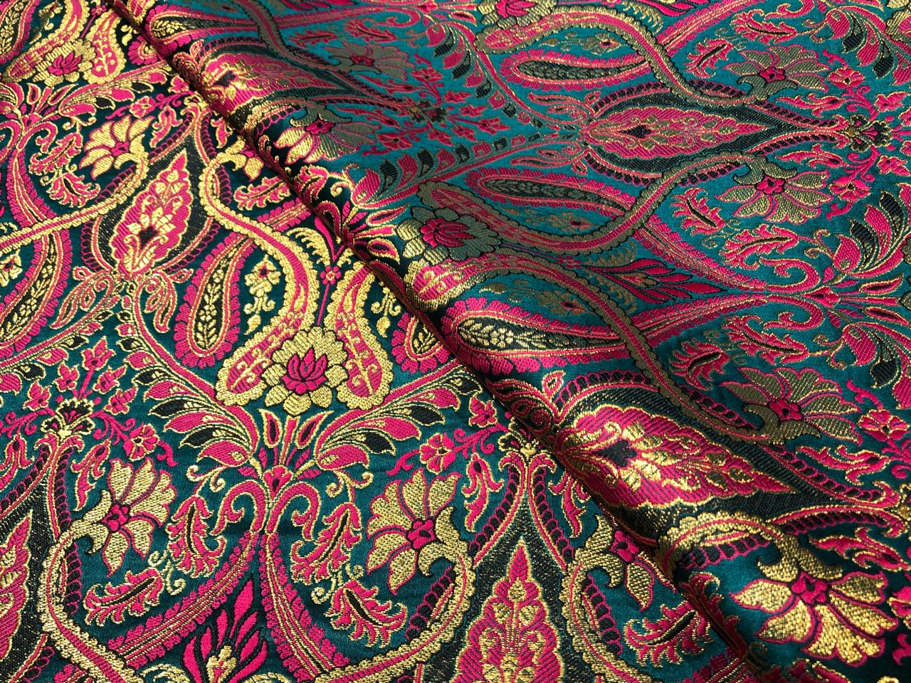 Silk Brocade fabric 44" teal green and pink  x metallic gold jacquard  BRO1044[1]