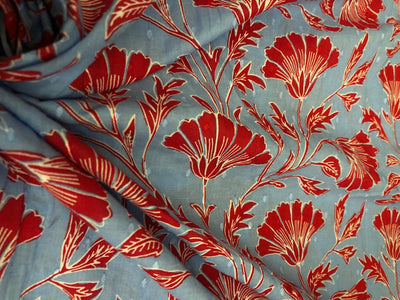 100% cotton mull fabric blue with dainty red flowers dobby [18691]