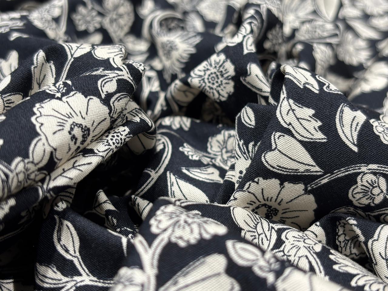 100% Cotton Poplin black , ivory floral print 56" wide [18266]