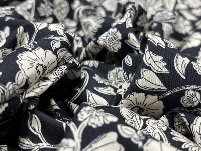100% Cotton Poplin black , ivory floral print 56" wide [18266]