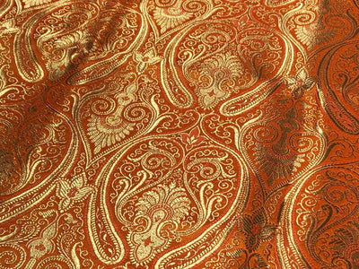 Silk Brocade fabric 44" paisley metallic gold  jacquard available in 2 colors bright orange and turquoise blue  BRO1049