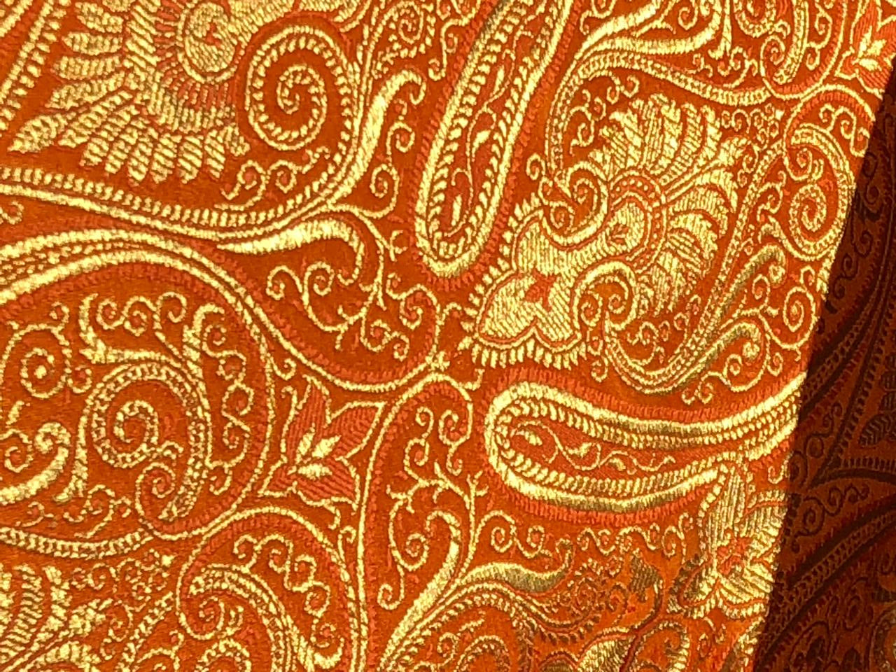 Silk Brocade fabric 44" paisley metallic gold  jacquard available in 2 colors bright orange and turquoise blue  BRO1049