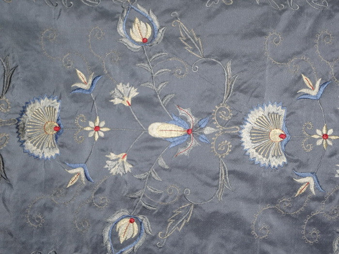 100% SILK taffeta Fabric Floral Embroidery Icy Blueish/grey TAFE8