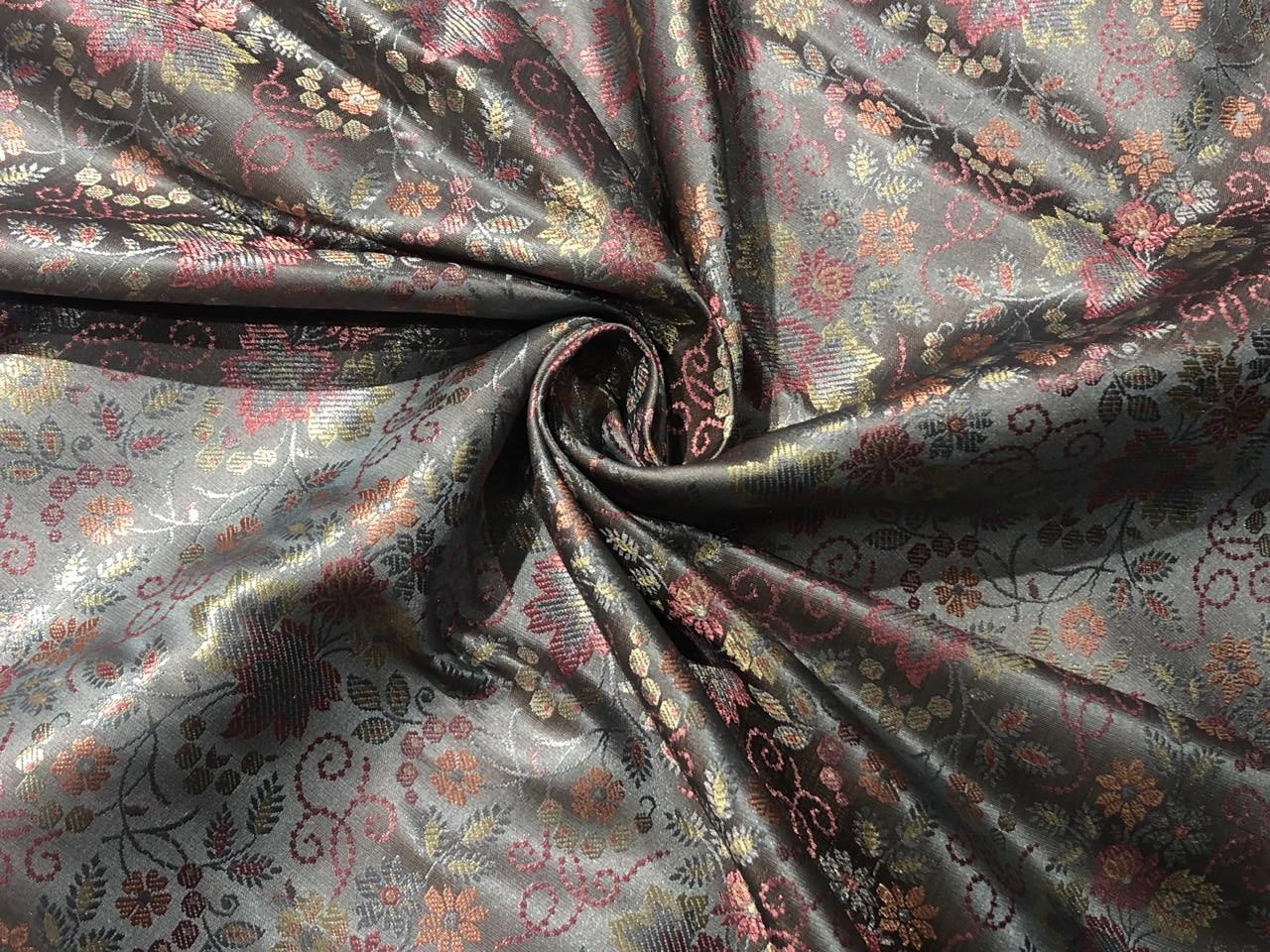 Silk Brocade fabric 44" wide silver grey with pink and yellow flowers  FLORAL JACQUARD  BRO959[3]