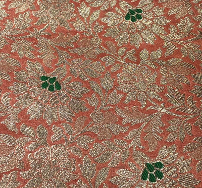 Silk Brocade fabric 44" peach and green with metallic white gold floral jacquard BRO1038[3]