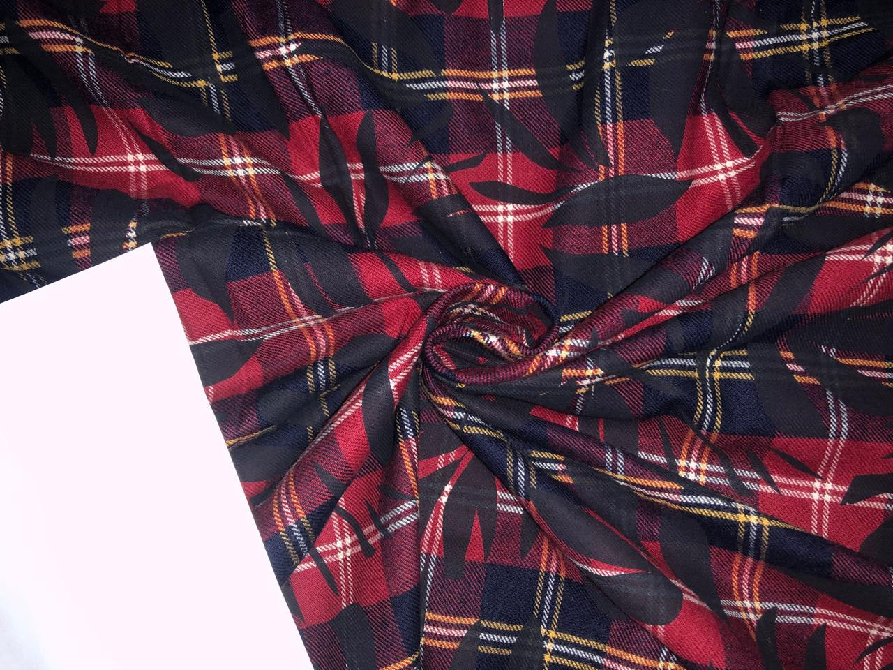 100% Cotton twill print Scottish tartan plaids with leaves available in 2 colors red, yellow, navy and white AND NAVY SELF