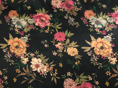 Viscose  Modal Satin fabric Digital pink,cream,orange,peach,green Floral Print 44" wide available in 3 colors black, dark teal and mustard gold