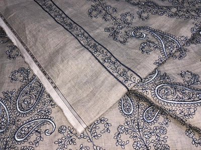 100% Linen  Kashmiri Embroidery available in 3 colors ivory with pink paisleys ,camel with navy paisley and ivory with beige paisley
