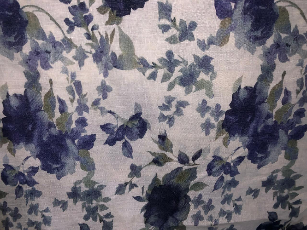 70's lea  pure linen fabric 44 inch wide grey and blue floral print [17649]