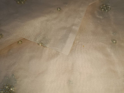 Silk organza with  pearl hand embroidery Semi Sheer fabric 54" wide available in 2 colors ivory and antique gold pearls/ivory and ivory pearls [11662/63]