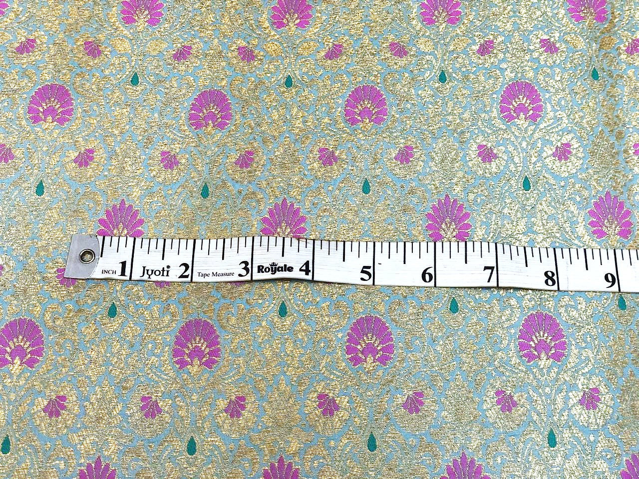 Silk Brocade fabric all over gold jacquard vines with floral motifs in 2 different colors lilac with rusty red and sea blue with pink BRO1098[1/2]