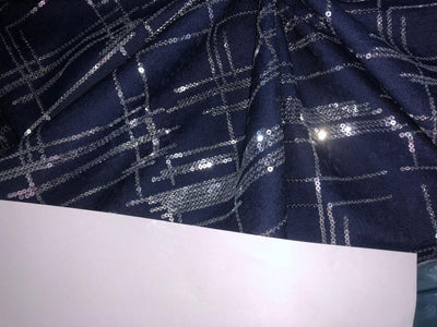 100% Cotton Denim Fabric 58" wide WITH SILVER SEQUENCE  available in 2 designs floral [DENIM BLUE AND BLACK] and squares