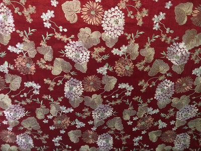 100% Silk dupioni EMBROIDERY 44" WIDE red color with pink and green floral embroidery and subtle metallic gold DUPE70