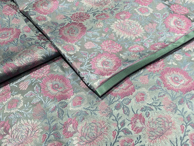 Silk Brocade fabric 44"  green sheen, silver ,blue and pink floral  jacquard BRO1050[1]