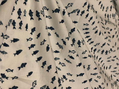 100% Cotton Poplin white with ceramic blue tiny fish all over  [18689]