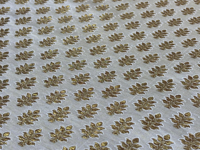 Silk Brocade fabric 44" dark ivory with antique gold jacquard motifs available in 2 designs leaf and paisley BRO1053