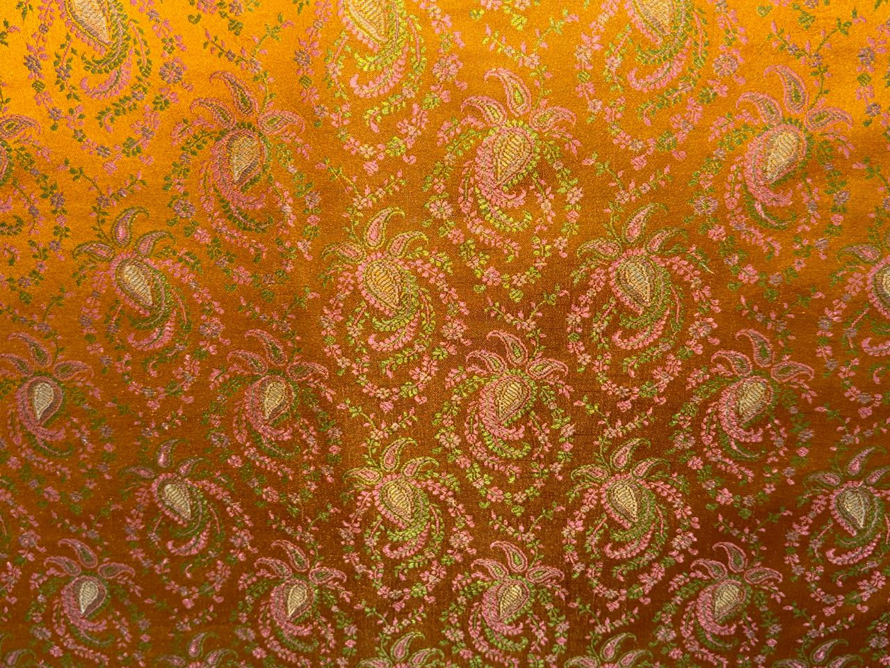 Silk Brocade fabric mustard orange with  green and pink paisley jacquard  BRO1082[1]