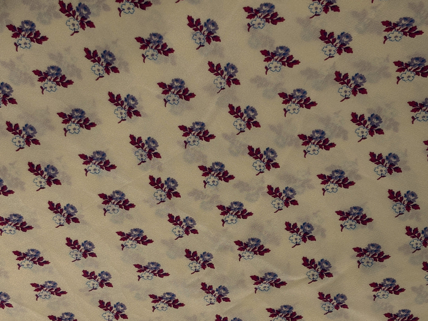 Pure silk  crepe printed fabric cream with tiny lavender burgundy floral motifs 54"[18262]