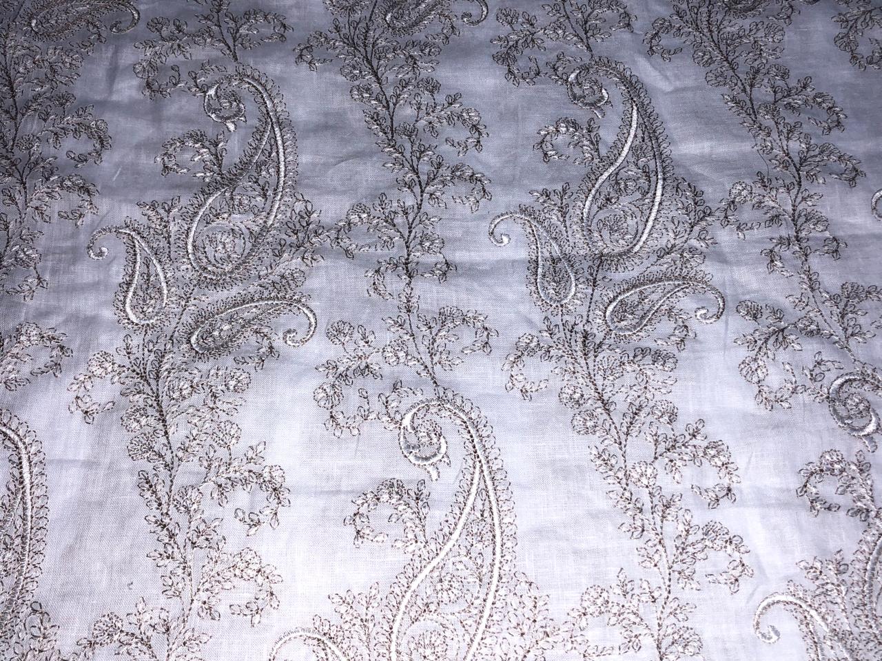 100% Linen  Kashmiri Embroidery available in 3 colors ivory with pink paisleys ,camel with navy paisley and ivory with beige paisley