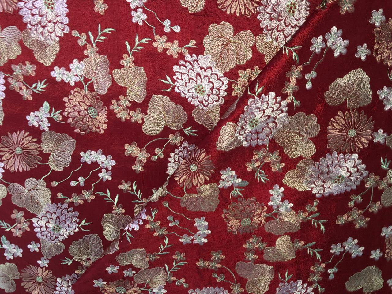 100% Silk dupioni EMBROIDERY 44" WIDE red color with pink and green floral embroidery and subtle metallic gold DUPE70
