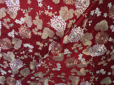 100% Silk dupioni EMBROIDERY 44" WIDE red color with pink and green floral embroidery and subtle metallic gold DUPE70