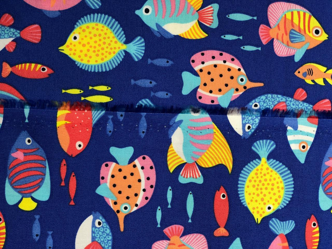 100% Cotton Poplin 58" wide digital print blue waters with bright colorful fish [17620]