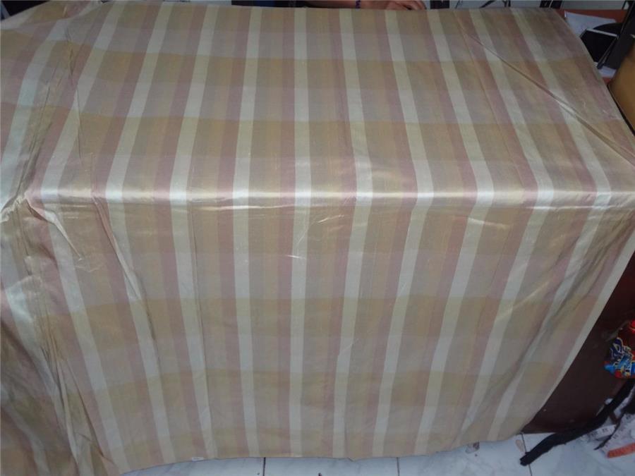 100% SILK dupion pink ,ivory ,beige and gold stripe 44" wide DUPS 19[2]