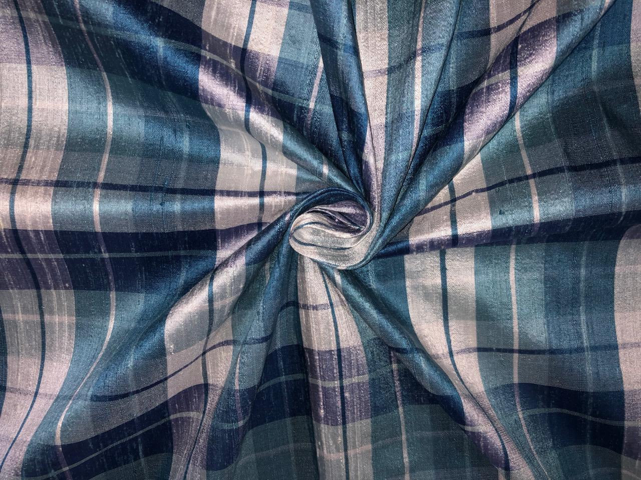 100% silk dupion  Plaids fabric with slubs shades of blue  and white  54" wide DUPNEWC26[4]