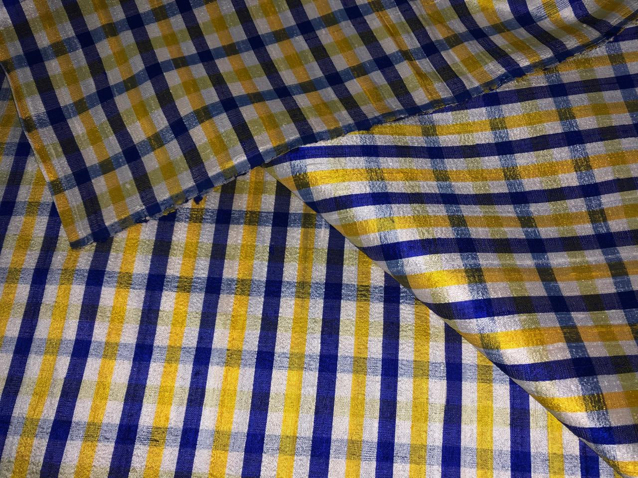 100% silk dupion  Plaids fabric with slubs shades of golden yellow ,blue ,royal blue and white yellow 54" wide DUPNEWC26[3]