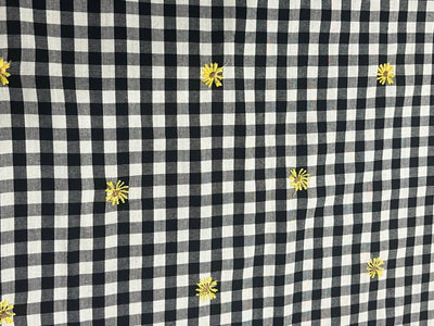 100 % Cotton BLACK AND WHITE PLAIDS  Fabric Embroidered with tiny yellow flowers [16342]