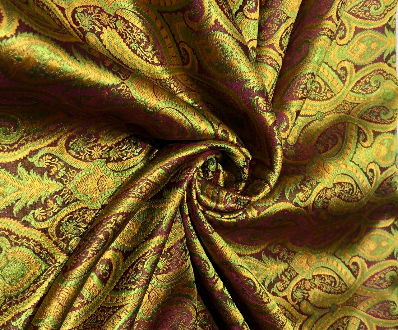 Silk Brocade fabric 44"bright paisley  jacquard available in 4 colors pink/blue/gold , mango/pink/green ,burgundy/green/gold and ink blue/teal/red   BRO1045